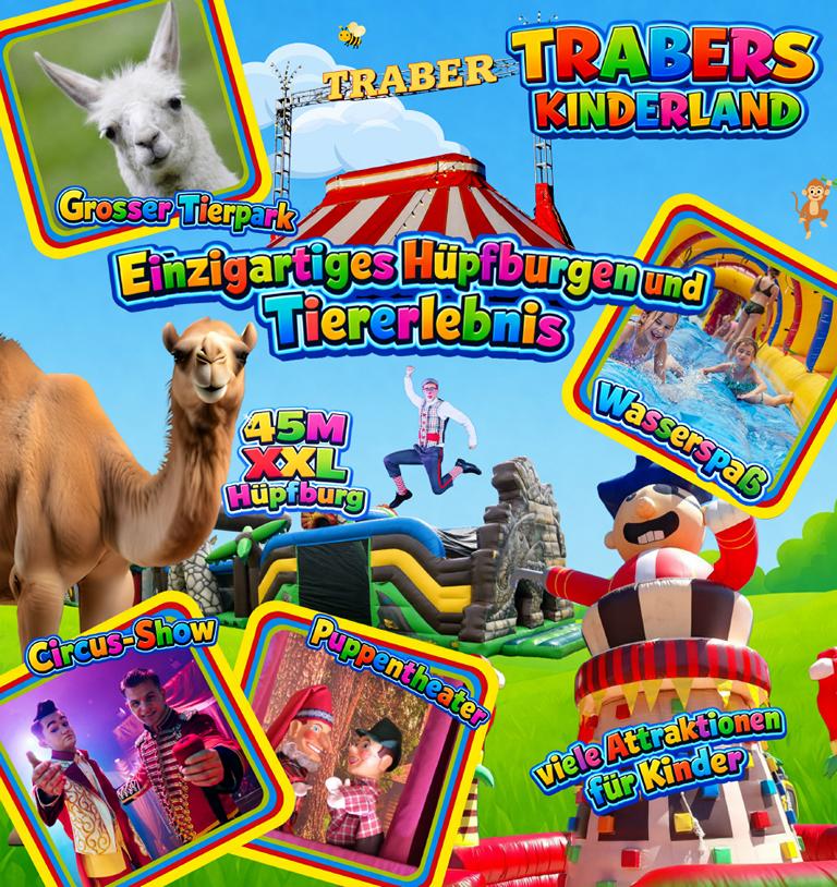 Attraktionen im Trabers Kinderland: Tierpark, Hüpfburgen, Wasserspaß, Circus und Puppentheater